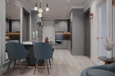 Modern Açık Konsept Yemek Odası ve Mavi Sandalyeleri ve Mermer Aksanları olan Mutfak