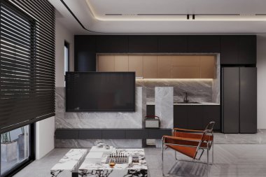 Marble Accent ve Dijital Saat Ekranlı Modern Açık Planlı Oturma Odası