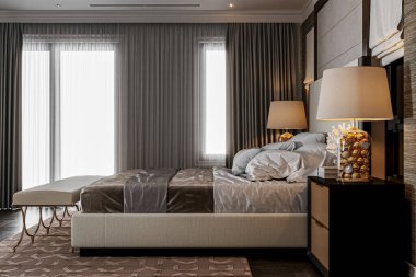 Zarif Lüks Yatak Odası İçi Yumuşak Işıklandırma ve Modern Tasarım Elementleriyle