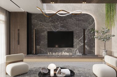 Mermer Şömineli ve Modern Dekorlu Çağdaş Oturma Odası
