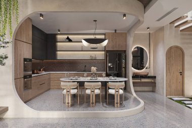 Organik Kıvrımlı ve Zarif Yemek Alanlı Lüks Modern Mutfak