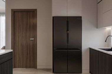 Siyah Çift Kapılı Buzdolabı ve Minimalist Tasarımlı Modern Mutfak
