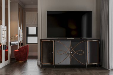 Modern Lüks Yatak Odası İçi Şık TV Birimi ve Konforlu Giyinme Alanı