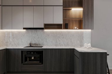 Mermer Kaplama ve LED Işıklı Modern Minimalist Mutfak