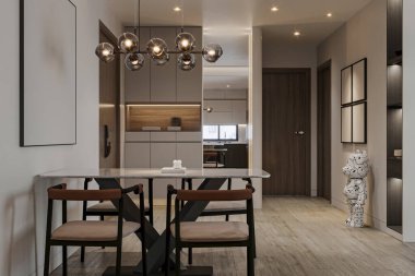 Modern Açık-Planlı Yaşam ve Yemek Odası Şık Aydınlatma ve Minimalist Tasarım