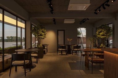 Minimalist Mobilya ve Büyük Pencereli Konforlu Modern Kafe İçi