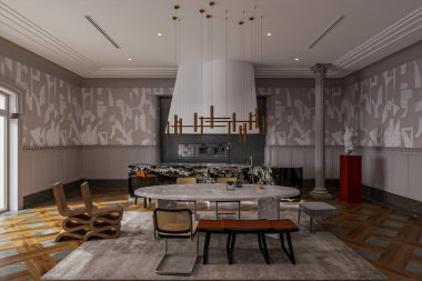 Modern Sanat Dekoru ve Eşsiz Mobilya Tasarımı ile Çağdaş Lüks Yemek Odası