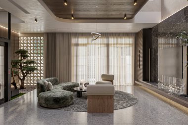 Modern Mobilyalı Lüks Oturma Odası ve Zen-esinlenilmiş Tasarım