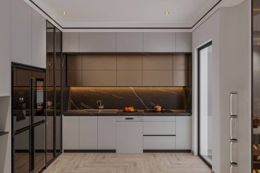 Çağdaş Minimalist Mutfak Parlak Kabinesi ve Mermer Kaplama