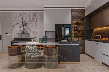 Mermer Aksanlı ve Şeffaf Sandalyeli Lüks Modern Mutfak Tasarımı