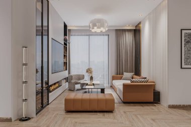 Geniş Pencereli ve Çağdaş Şömineli Modern Konforlu Oturma Odası