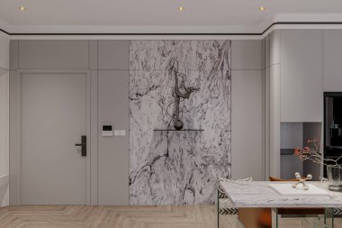 Mermer Aksan Duvarı ve Minimalist Sanat Kurulumuna sahip Modern İç Tasarım