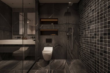 Karanlık Taş Tasarım ve Duvara Bağlı Tuvaletli Modern Lüks Banyo