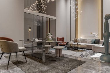 Modern Lüks Oturma Odası ve Sanat Dekoru ve Zarif Mobilya Tasarımı olan Ofis