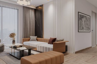 Moda Kanepesi ve Mermer Aksan Duvarı olan Modern Lüks Oturma Odası