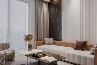 Zarif Tarafsız Koltuk ve Mermer Dekorlu Modern Minimalist Oturma Odası