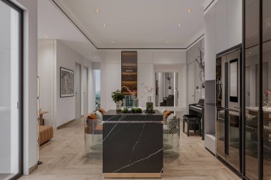 Modern Açık Konsept Mutfak ve Zarif Mermer Adalı Yemek Alanı