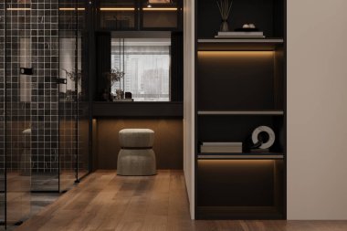 Minimalist İçişlerinde Konforlu Dışkı ve Dekoratif Rafla Modern Vanity