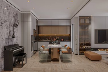 Marble Island ve Stylish Living Space 'de Piyano ile Modern Açık Planlı Mutfak