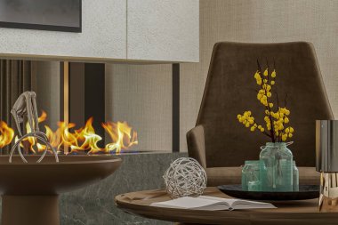 Konforlu Oturma Odası Dekorasyonu 'nun, şömineli ve modern elementli yakın çekimi