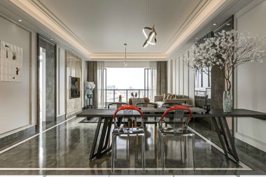 Yerden Tavana Pencereler ve Tasarımcı Dekorasyonlu Modern Lüks Yemek ve Oturma Odası