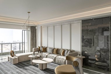 Panoramik Şehir Manzaralı ve Minimalist Dekorlu Modern Lüks Oturma Odası