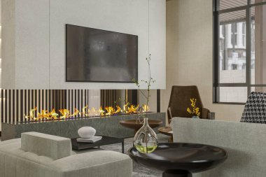 Şömineli ve Minimalist Dekorlu Odern Salonu