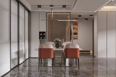 Mermer Döşemeli ve Modern Işıklı Çağdaş Yemek Odası