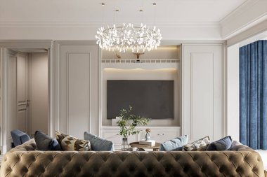 Zarif Avize ve Modern Duvarlı Şatafatlı Oturma Odası