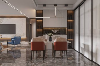 Mermer Döşemeli ve Çağdaş Des 'li Modern Lüks Yemek Odası