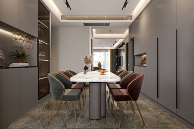 Lüks Konutlarda Mermer Masalı ve Kadife Sandalyeli Çağdaş Yemek Odası