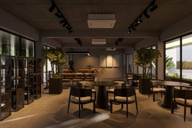 Modern Kafe İçi Şık Oturma ve Çevre Işıklı