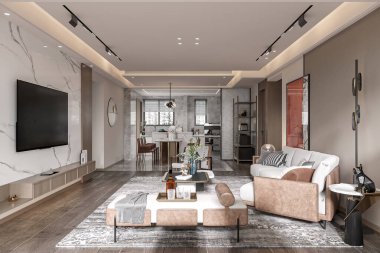 Çağdaş Açık Oturma Odası ve Mutfak İç Tasarımı