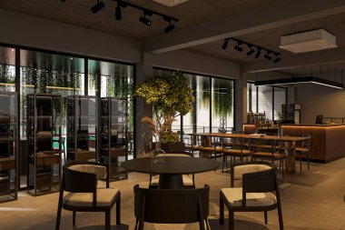 Modern Kafe İçi Şık Oturma ve Çevre Işıklı