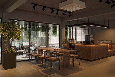 Modern Kafe İçi Şık Oturma ve Çevre Işıklı