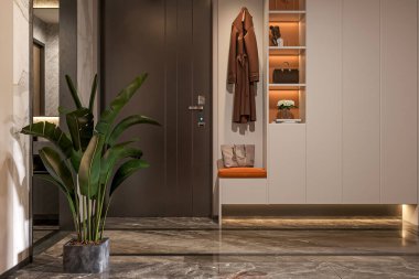 Modern Entryway with Built-in Storage, Coat Rack, and Indoor Plant