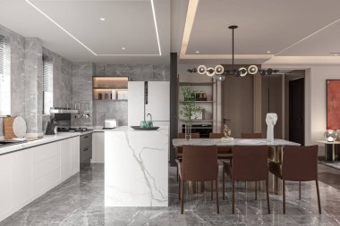 Mermer Ada ve Yemek Alanlı Modern Lüks Mutfak