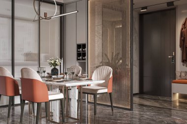 Mermer Masalı ve Şık Sandalyeli Zarif Modern Yemek Odası