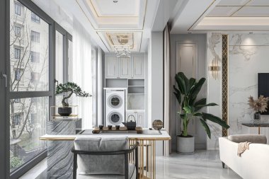 Zen Çay Köşesi ve Yerden Tavana Pencereli Modern Çamaşır Odası