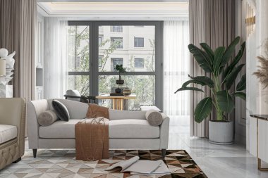 Konforlu Kanepesi ve Büyük Pencereli Modern Oturma Odası Doğal Işık Sunuyor