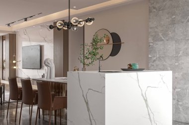 Mermer Ada ve Sanat Dekorlu Modern Minimalist Mutfak ve Yemek Alanı