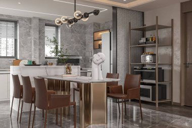 Modern Minimalist Mutfak ve Yemek Alanı Şık Dekor ve Mermer Aksanlı