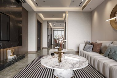 Mermer Kahve Masası ve Minimalist Dekorlu Zarif Modern Oturma Odası