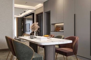 Çağdaş Apartmanında Mermer Masalı ve Kadife Sandalyeli Lüks Modern Yemek Odası