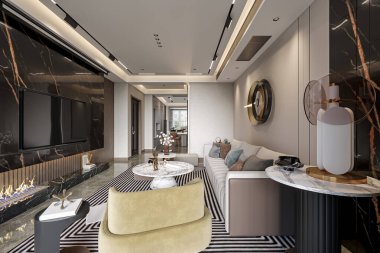 Mermer Aksanlı ve Çağdaş Tasarımlı Lüks Modern Oturma Odası