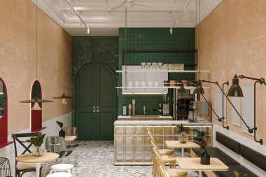 Kentsel Ayarlarda Araba ve Yeşilliği Olan Modern Minimalist Cafe Exterior.