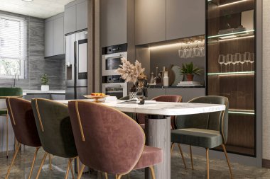 Modern Mutfak ve Yemek Odası Zarif Kadife Sandalyeler ve Mermer Masa