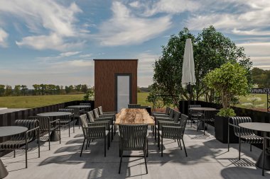 Doğa Manzaralı ve Çağdaş Mobilyalı Modern Açık Hava Yemek Alanı