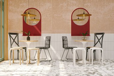 Kentsel Ayarlarda Araba ve Yeşilliği Olan Modern Minimalist Cafe Exterior.