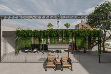 Asılı Yeşillik ve Kentsel Oturma Alanlı Modern Açık Cafe